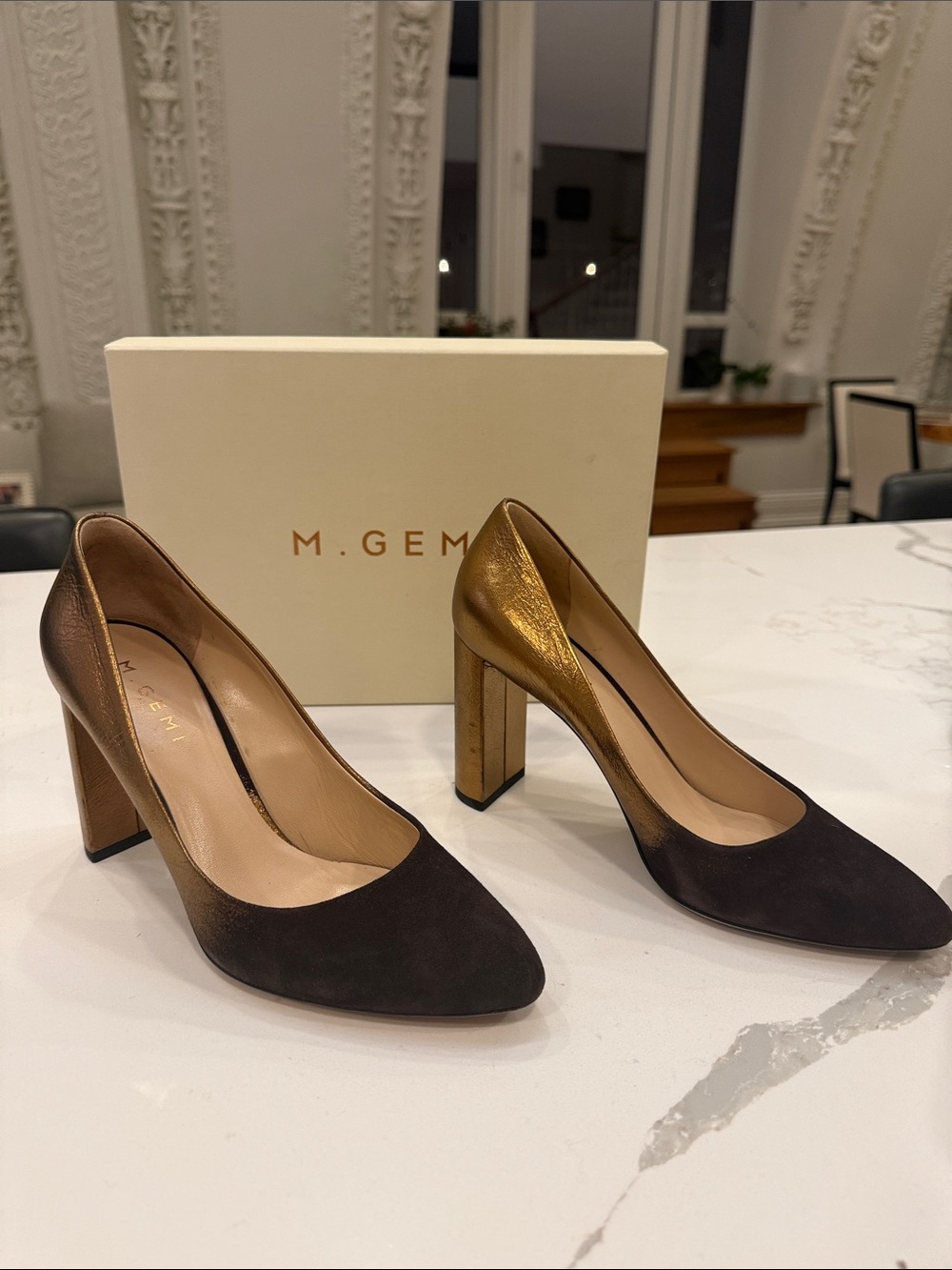 M. Gemi Chocolate Brown Suede and Gold Metallic Block Heel Pumps